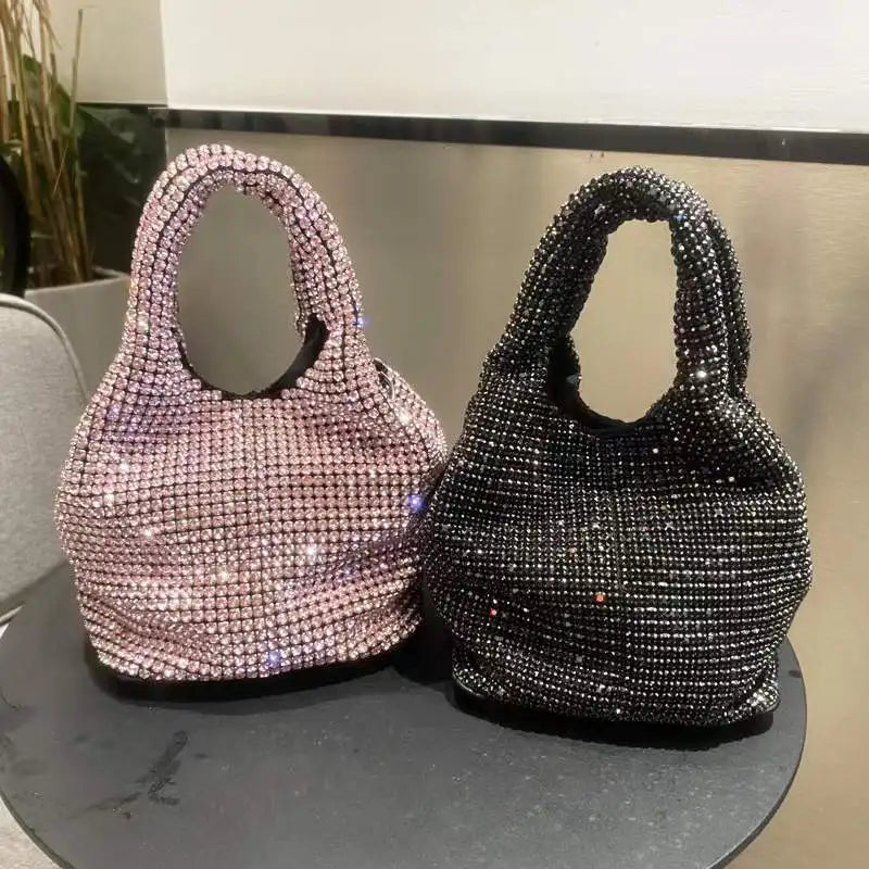Latest New Arrival Women Rhinestones Bling Small Bucket Bag for Lady Fashion Crystal Evening Bag Purse with Chain Strap Shoul