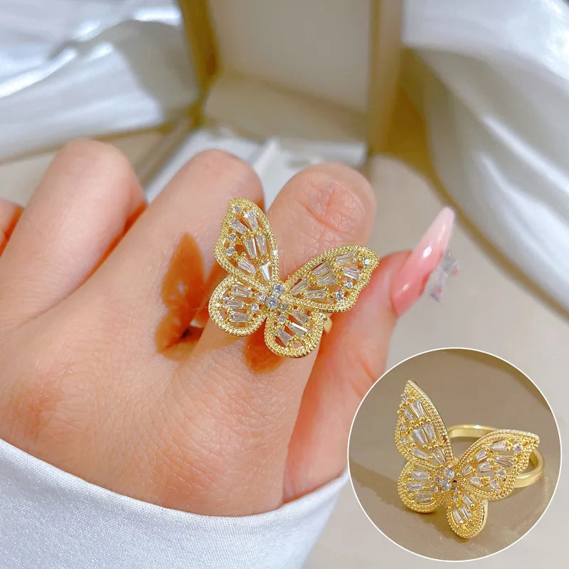 Women Brass Shiny CZ Real 18k Gold Butterfly Finger Ring  Zircon Butterfly Ring Gold Adjustable