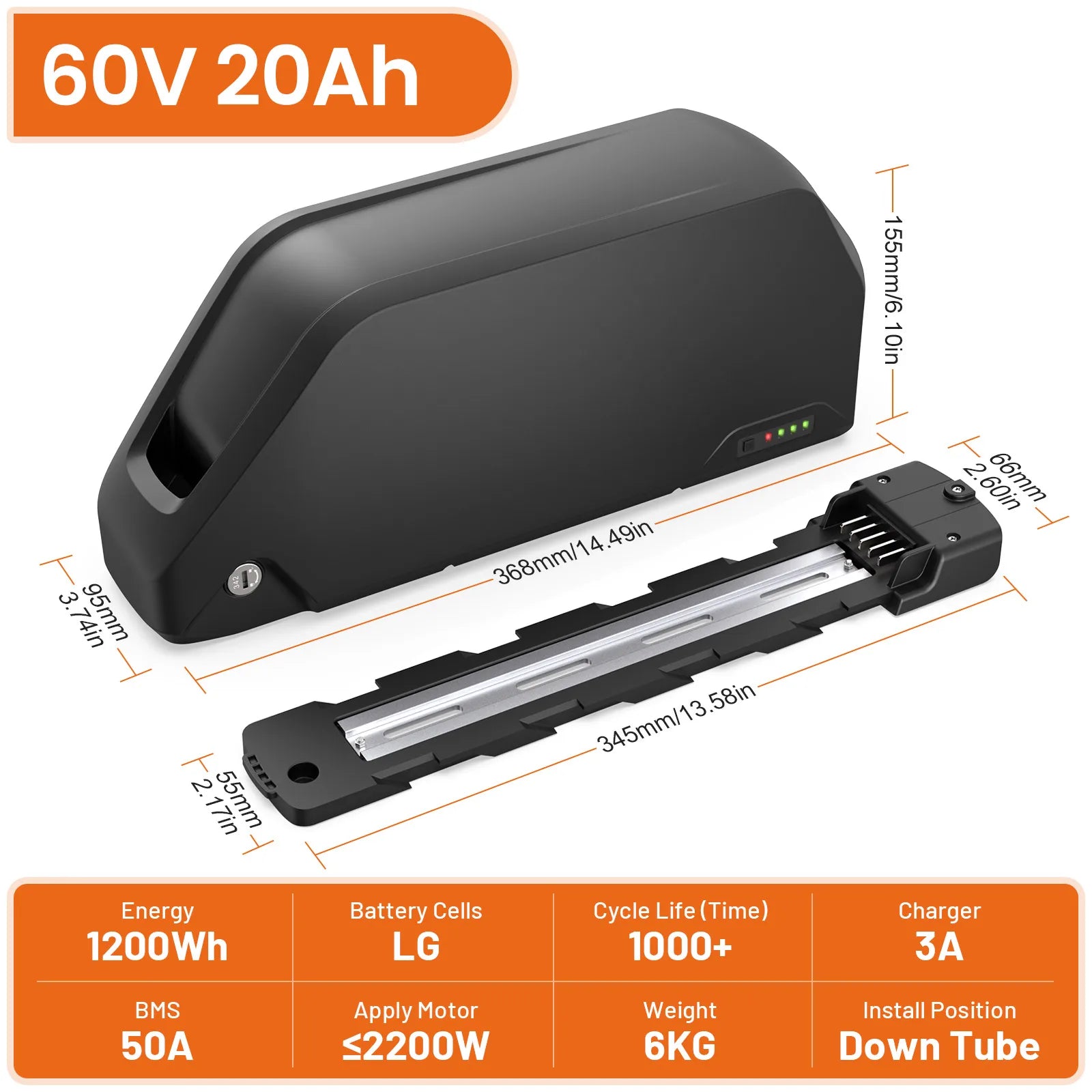 60V 20AH Downtube Rechargeable Lithium Battery 50A BMS With 21700 Cells Compatible Charger 1500W Electric Bicycle Motor Kits