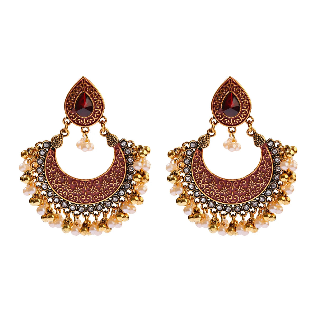 Women's Golden Bohemian Style Pearl Indian Bollywood Chandelier Vintage Drop Earrings Gold Plating Zinc Alloy Bell Shape Wedd