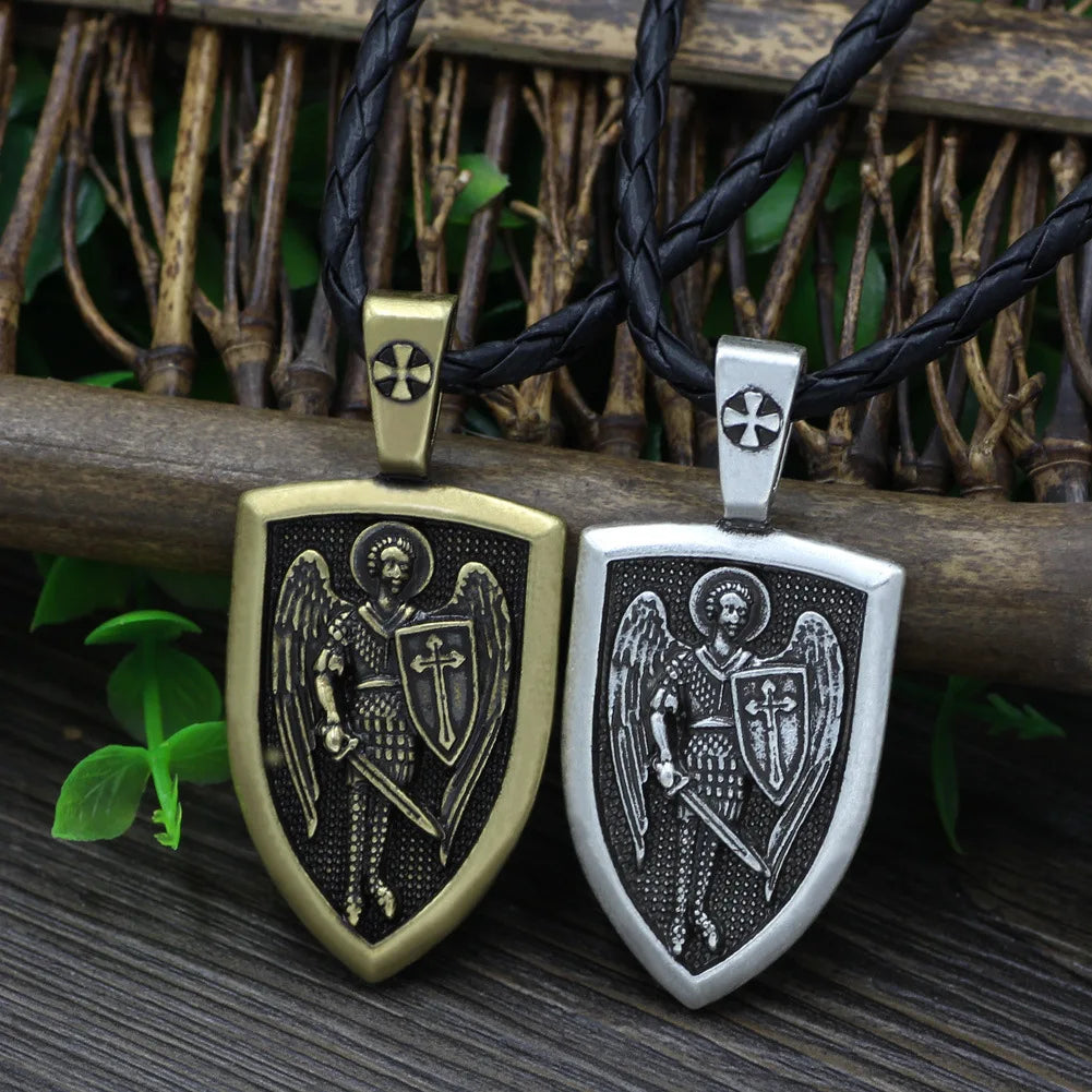 New Design Archangel St. Michael Saint Medal Pendant Necklace Retro Guardian Angel Cross Shield Protection Necklaces for Men
