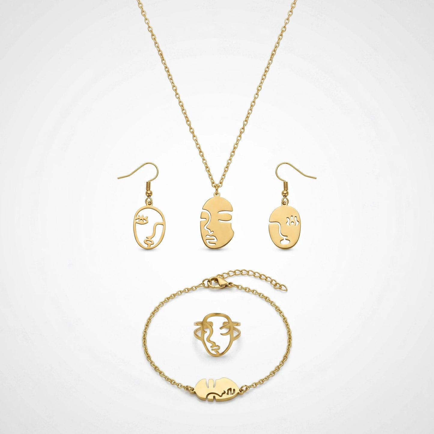 QIAOREN12141Ins Minimalist Abstract Human Face Cutout Stainless Steel 4 in 1 Jewelry Set Gold Plated Ladies Jewelry  Europe U