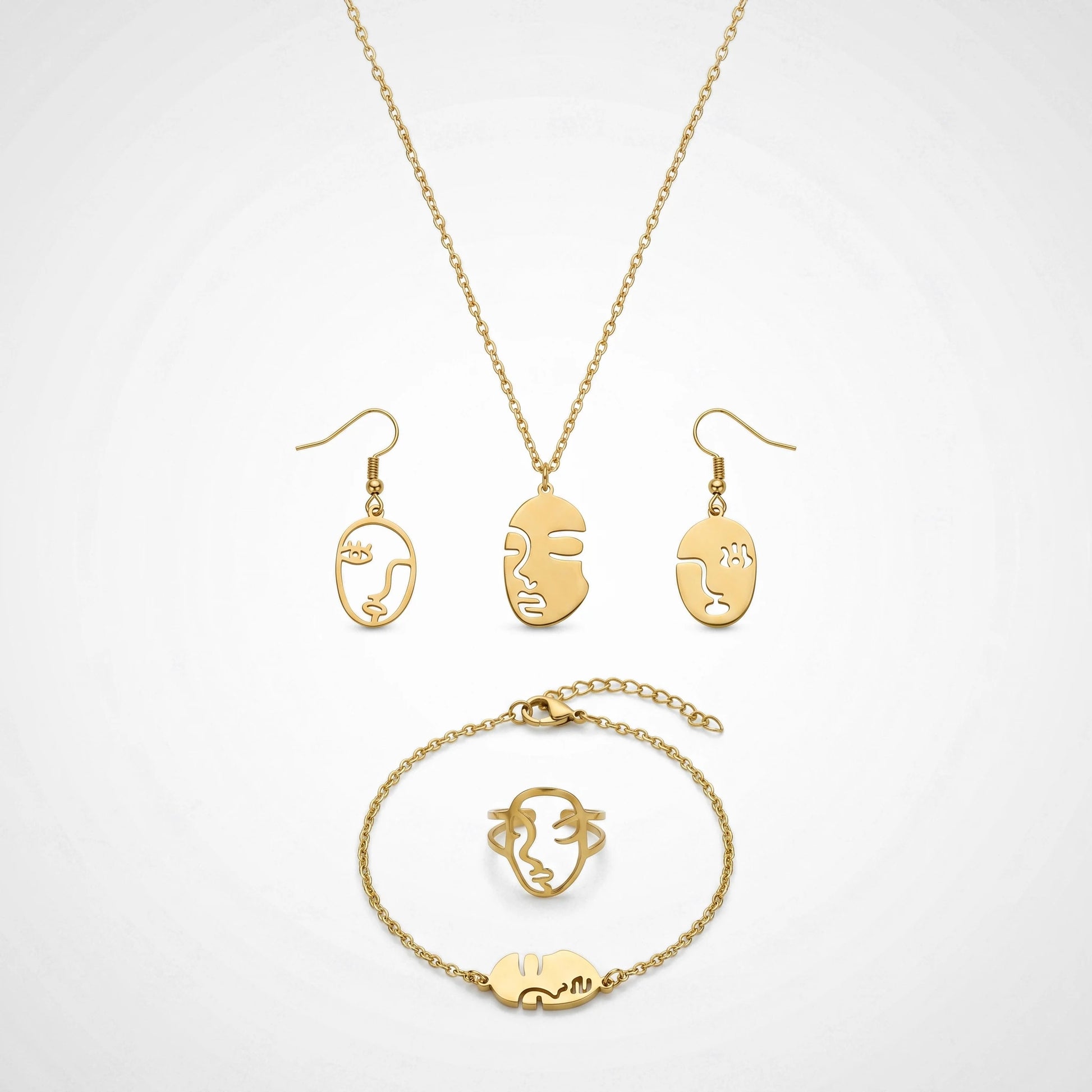 QIAOREN12141Ins Minimalist Abstract Human Face Cutout Stainless Steel 4 in 1 Jewelry Set Gold Plated Ladies Jewelry  Europe U