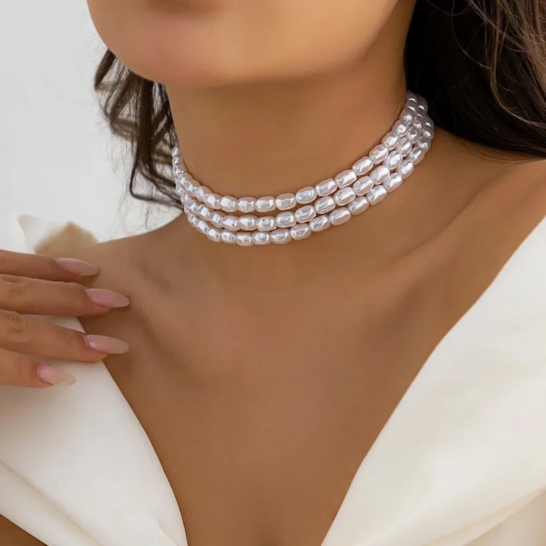 Vintage Classic Pearl Triple Layer Beaded Adjustable Choker Necklace