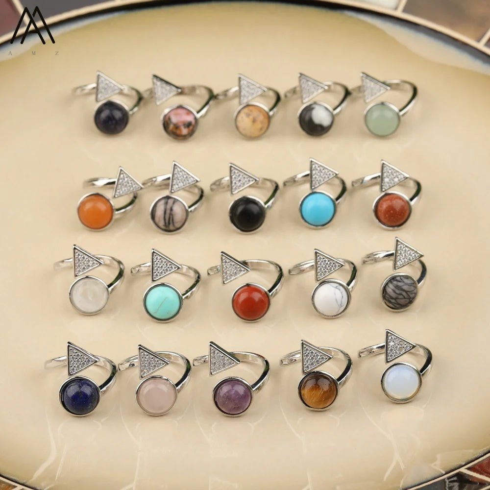 CZ Triangle Round Cabochon Stone Bead Double Rings  Unique Design Boho Style  Gift to her