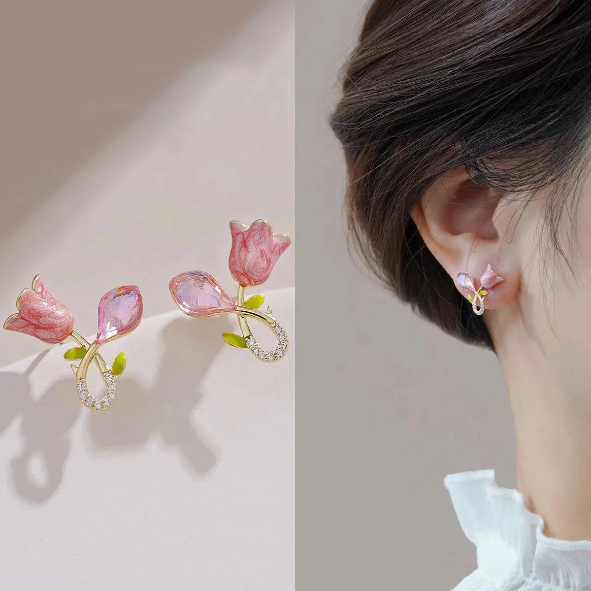 Fashion Pink Diamond Earrings Cute Girls Gift Studs Tulip Flowers Earrings Lady Silver Needle Tulip Flower Earrings