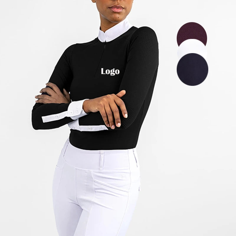 Horse Riding Shirt Tops for Women Long Sleeves Black Equestrian Clothing Breathable Mesh Fabric Soft Nylon Quick-dry Base Lay