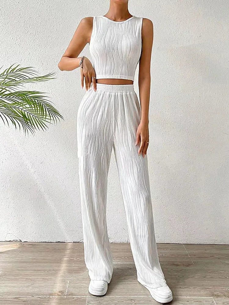 Enyami Summer Cozy Pleated Fabric Women Vest Tank Tops Plisse High Waist Wide Leg Pants Sleeveless Matching Suit 2 Piece Set