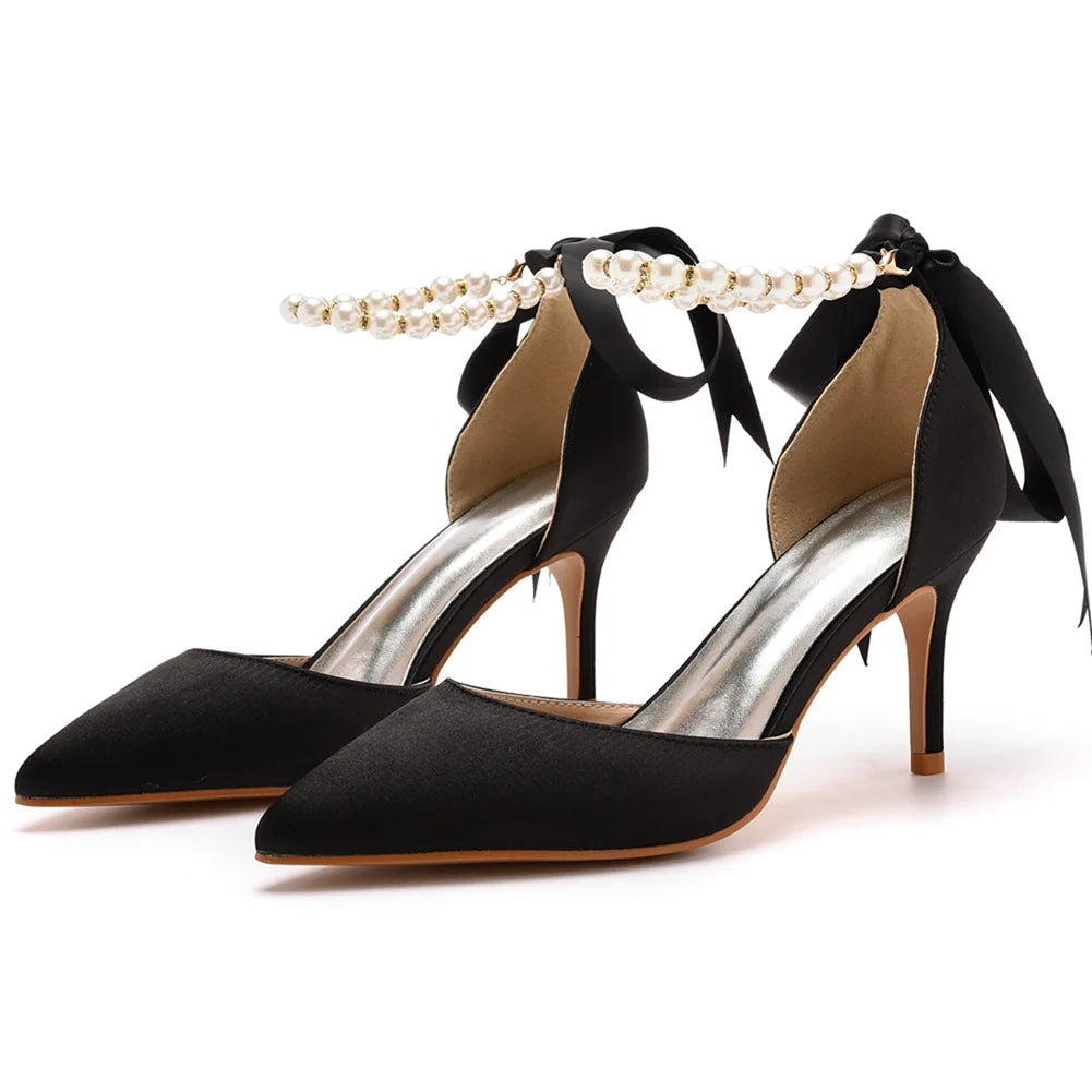 French Pearl Satin Ankle Strap Peep Toe Pointed Toe Stylish Women Pumps Spring Summer Winter Anti-Slippery Dress Shoes High