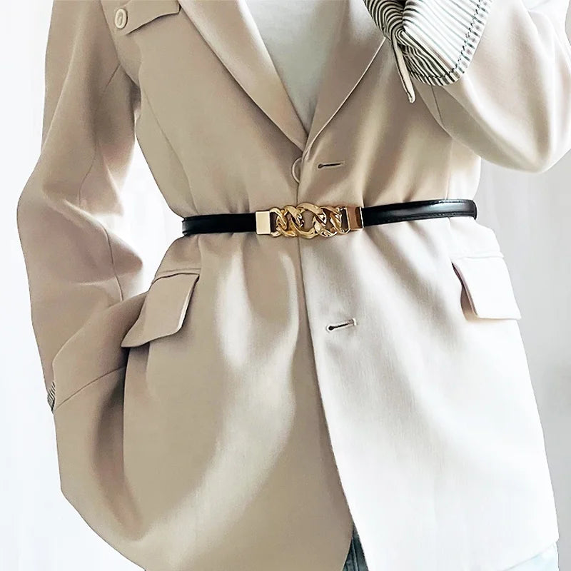 Adjustable PU Leather Waist Chain for Ladies High Fashion Decorative Belt with Alloy Buckle Thin Head Accessory