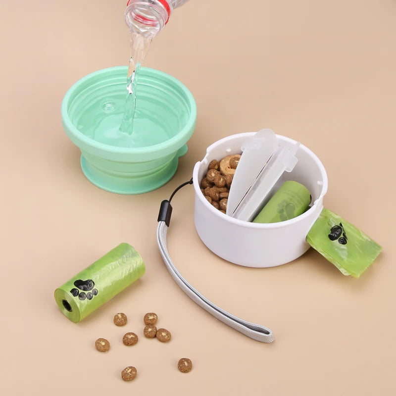 New Design 3 in 1 Poop Bag Holder Dispenser Drinking Cup Walking Bowls Feeder Portable Pet Water Bottle With Food Container