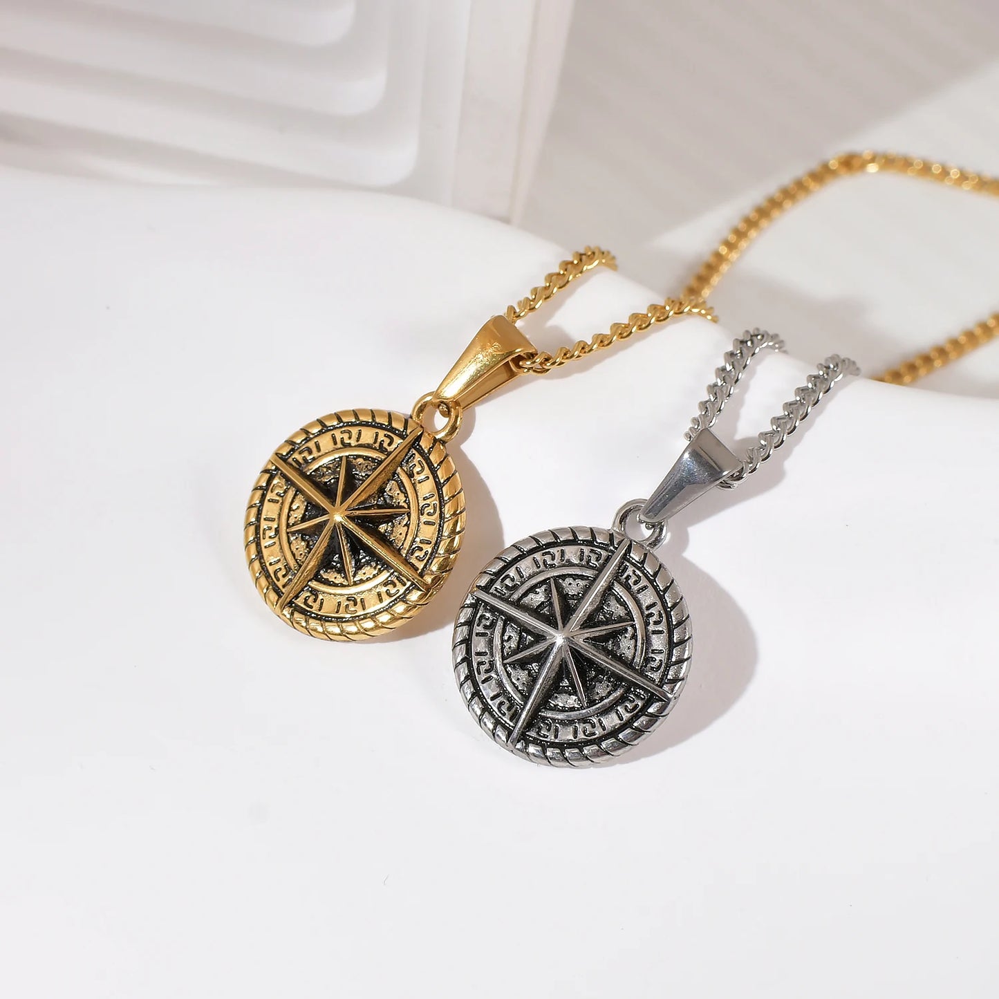 Punk Hip Hop Tarnish Free Stainless Steel Crafted North Star Viking Compass Necklace Men Vintage Men Jewelry