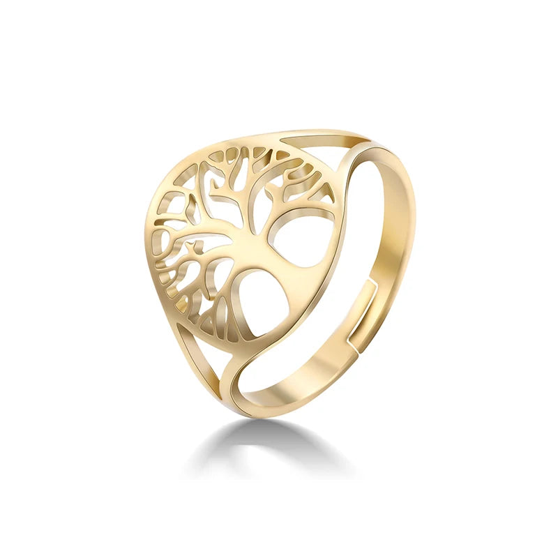 Hollow Tree  Ring Adjustable Finger Rings Amulet Stainless Steel Jewelry Anniversary Gifts for Women Men
