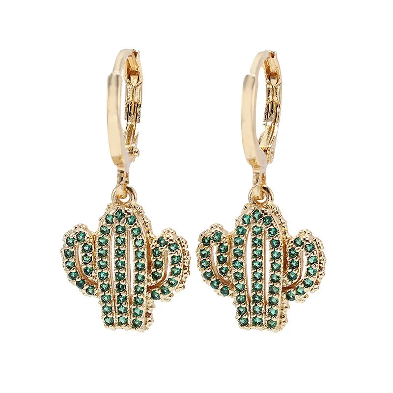 Fashion 18K Gold Plated Cactus Drop Earrings Brass Women Pendant AAA Zircons Earrings Jewelry