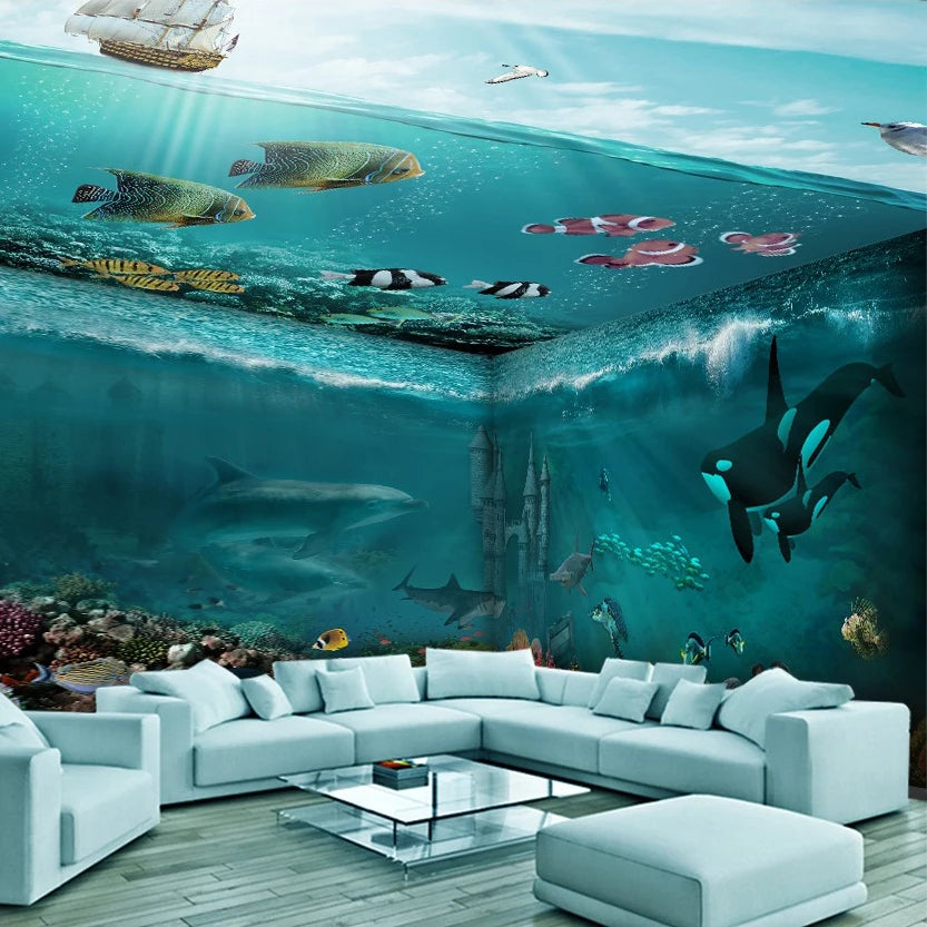 Sunken Castle Adhesive Wall 3d Ocean World Wallpaper in Children's Room