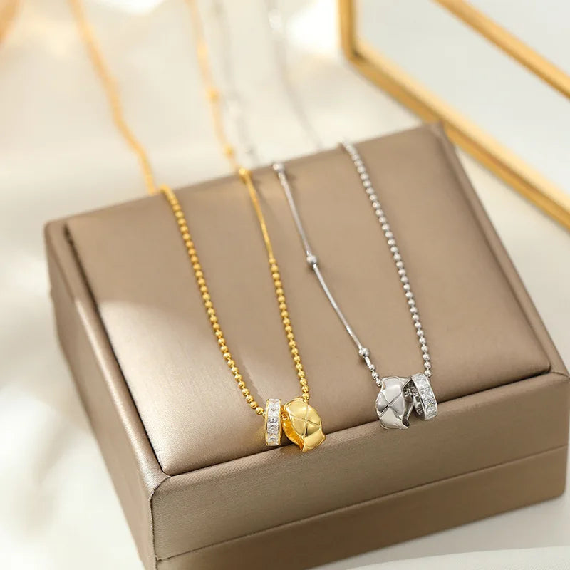 Fine Double Rings Charm Women Jewelry Beads Chain 925 Sterling Silver Statement Necklace