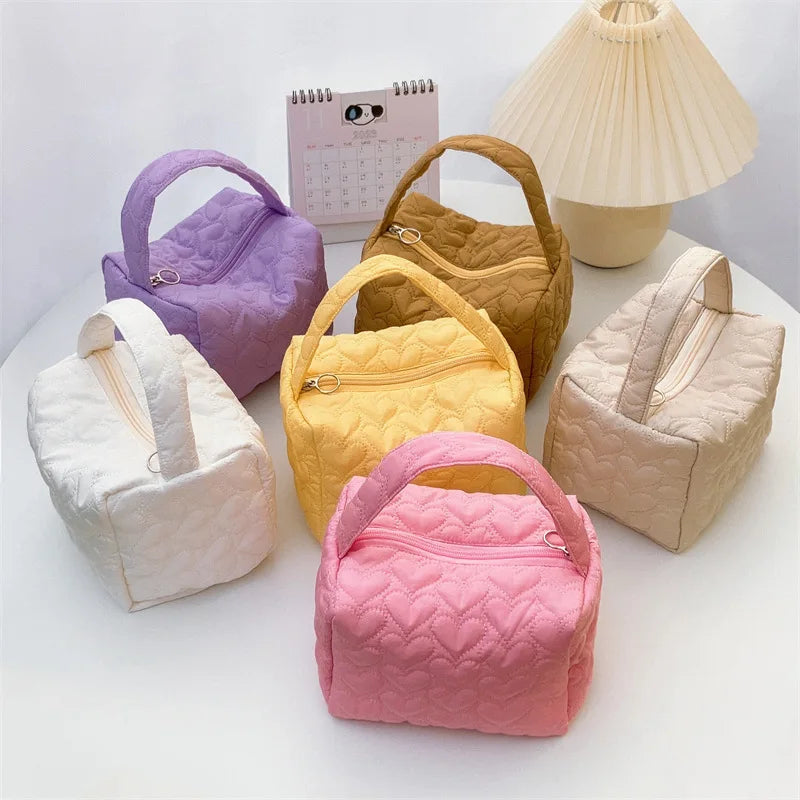 WinStart Custom Puffy Heart Quilted Fashion Polyester Portable Handled Zipper Cosmetic Bags Women's Mini Handbags Model WSH00