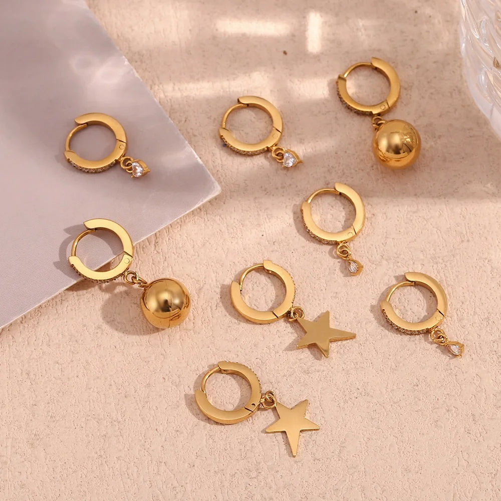 Dainty Zircon North Star Earrings Set Gold Plated Stainless Steel Huggie Stylish Trendy North Star Design