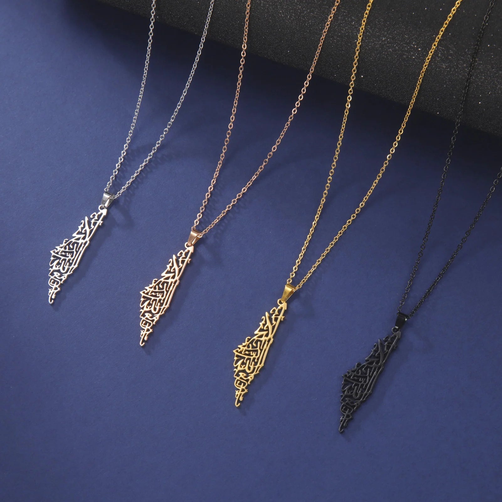 Palestine Israel Map Islamic Script Hollow Pendant Necklace Stainless Steel Necklace for Women Men Casual Jewelry Gift