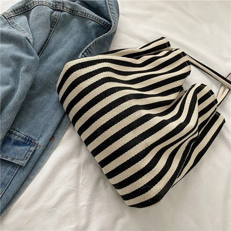 Minimalist Fresh Striped Art Handbag Casual Fashion Large Capacity Shopping Bag Canvas Folding Shoulder Bag