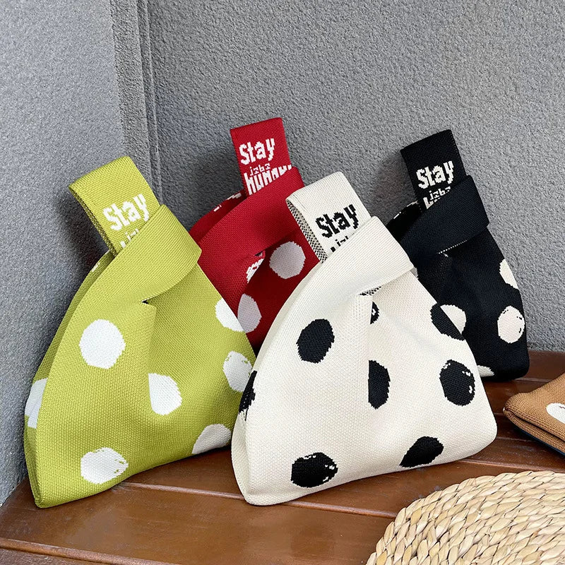 2024 Women's Fashionable Simple Black and White Dot Knitted Tote Handbag with Custom Logo Open Closure Type