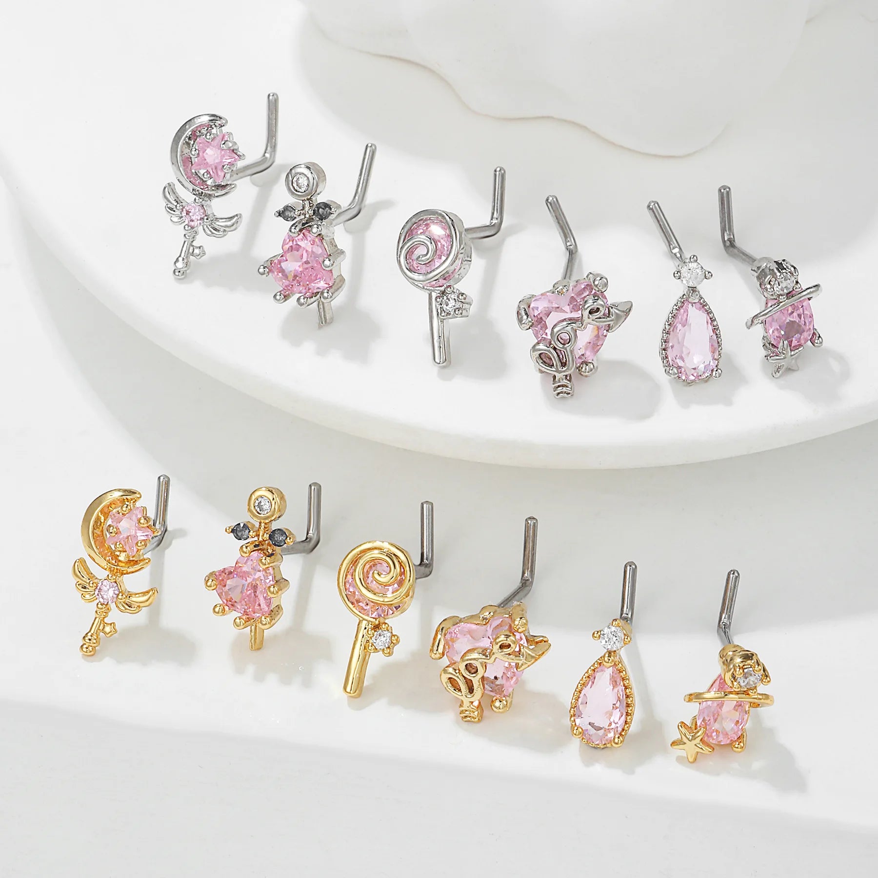 New Zircon Nose Nail Fashion Geometric Personality 18K Gold Plated Piercing L Thin Rod Jewelry Wholesale Nose Studs