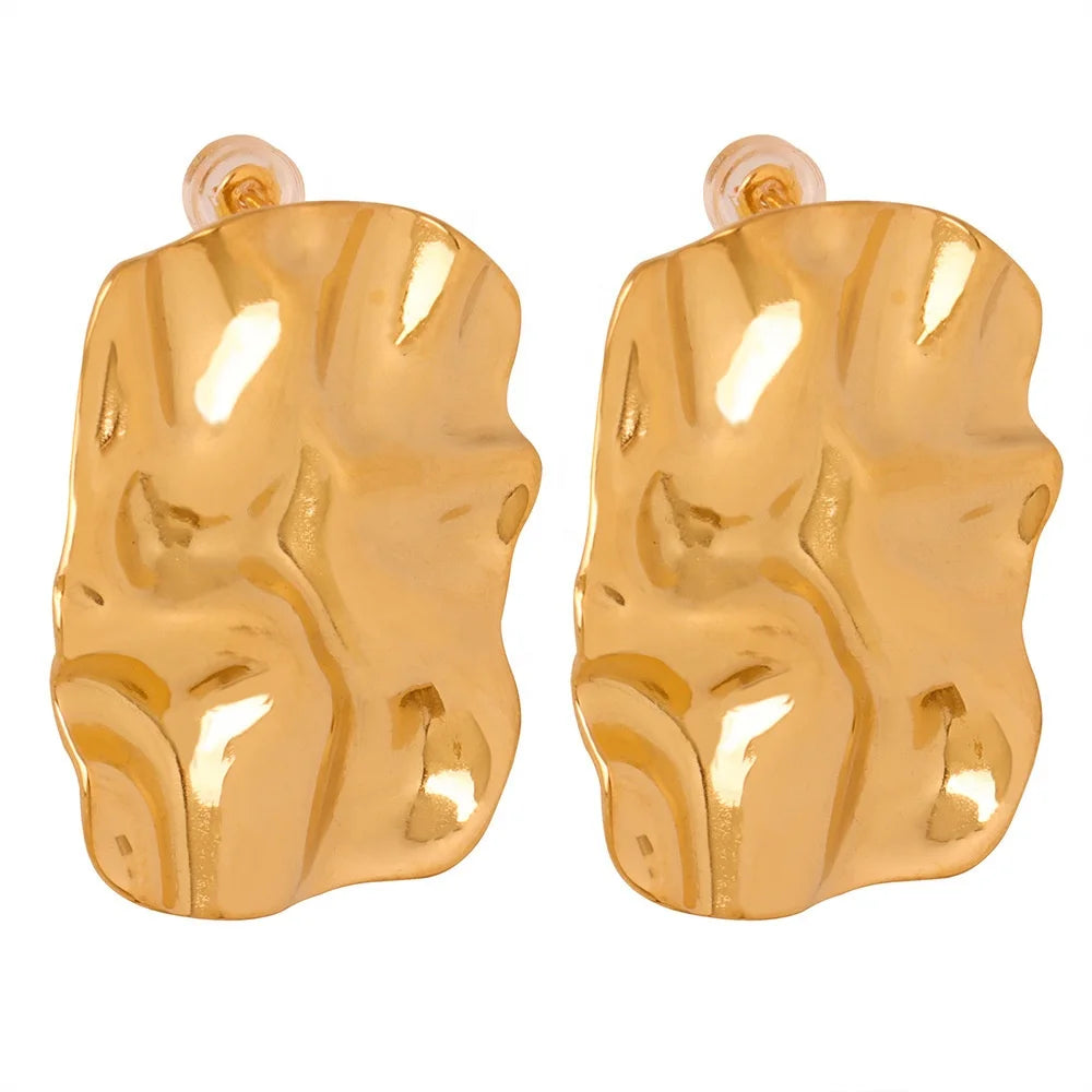 Hip Hop Style 18k Gold Plated Stainless Steel Personalized Hyperbole Jewelry Fold Texture Polished Geometric Earrings