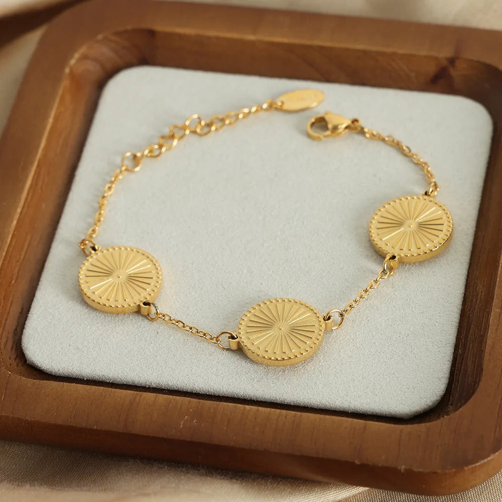 Fashionable Chic Radiate Brilliant Light Round Disc Necklace Bracelet Set Waterproof Stainless Steel Gold Plated Jewelry Set