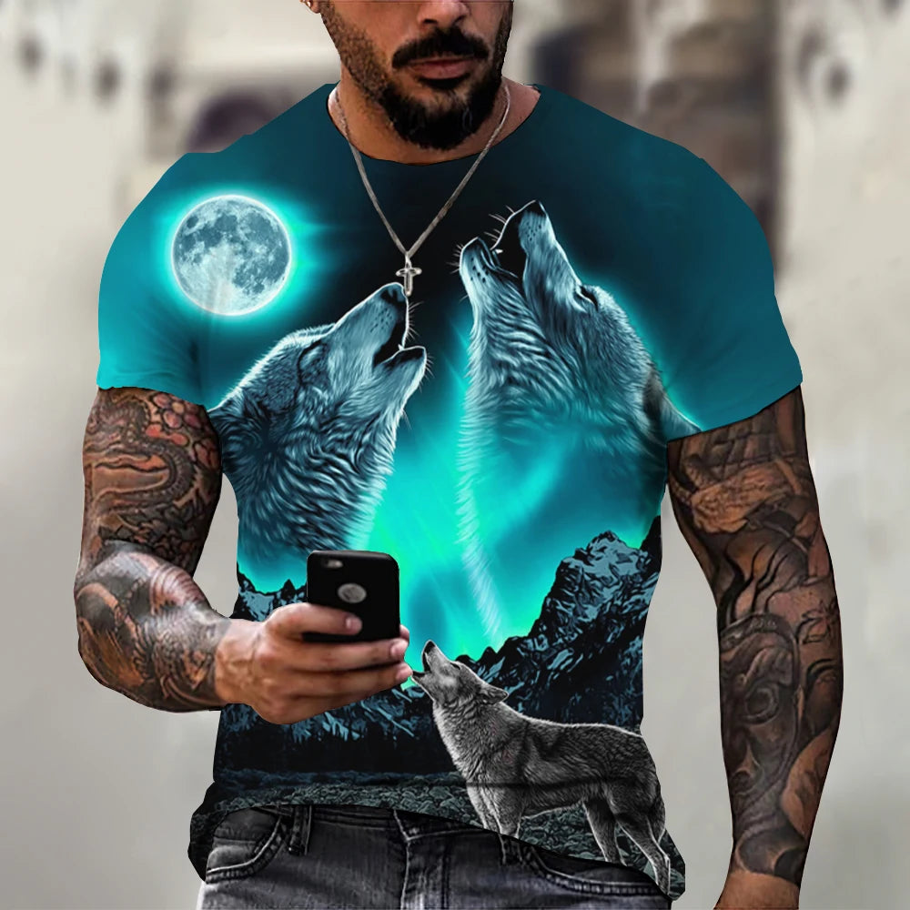 2025 Oversized Vintage Street Casual T-Shirt for Men 100% Polyester O-Neck Short Sleeve Design with 3D Wolf Animal Print