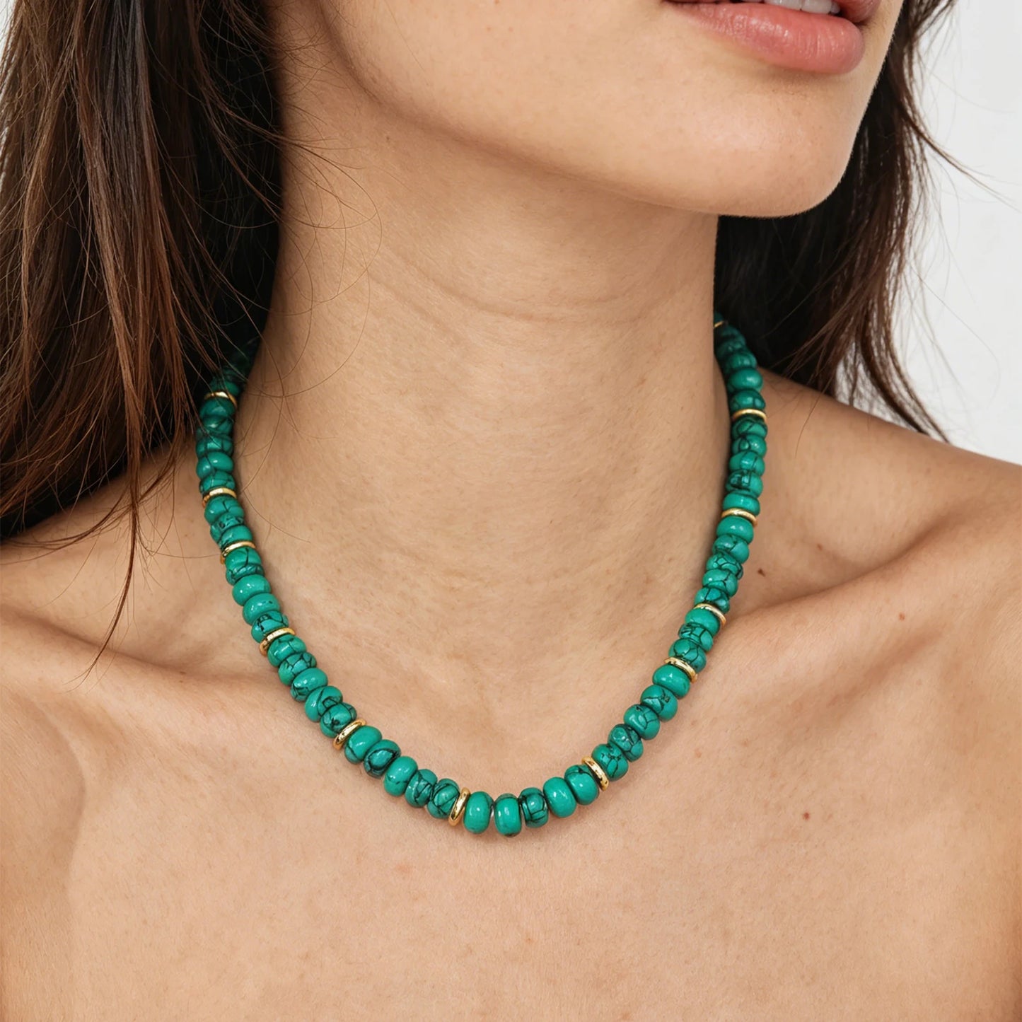 Original Design Handmade Custom Classic Geometric Turquoise Beaded 18K Gold Plated Necklace for Women