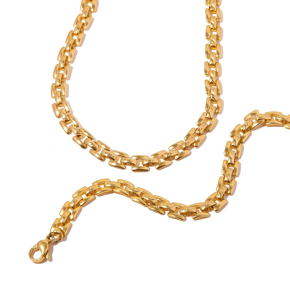 6mm 18k Gold Plated Stainless Steel Bracelet Jewelry Set Handmade Waterproof Wide Belt Necklace for Girls