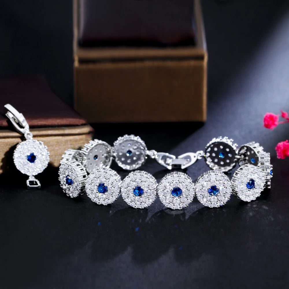 Micro Paved Blue CZ Bling Jewelry Silver Plated Bridal Round Tennis Bangle Bracelets for Women Accessories with Free Extensio