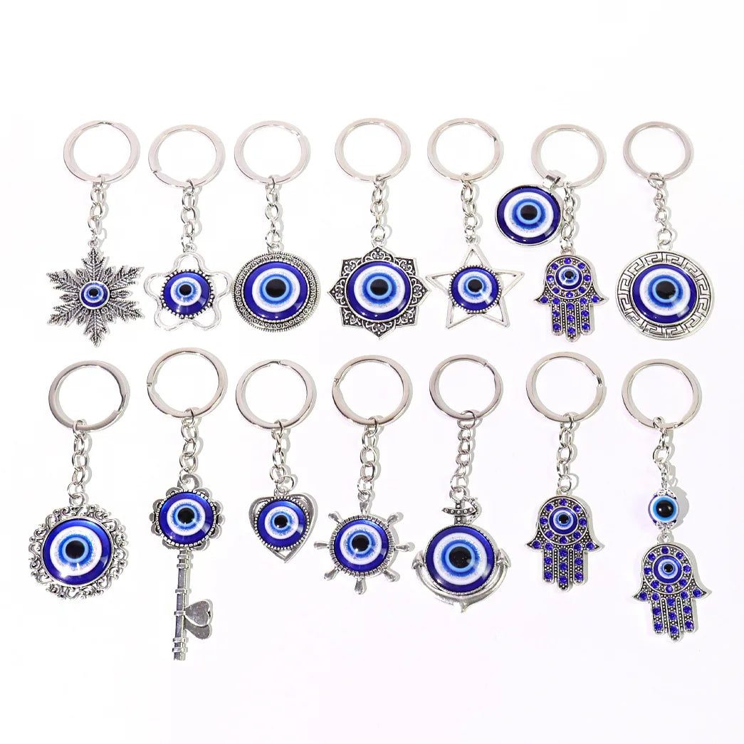 Turkish Evil Eye Metal Ring Ornament Rhinestones Resin Lucky Amulet Car Bag Keys Holder Evil Eye Keychain for Protection