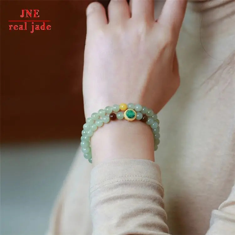 Natural 6MM Hetian Jade Double Ring Bracelet Jade Beanie Double Ring Hetian Jade Ball Bracelet Wholesale