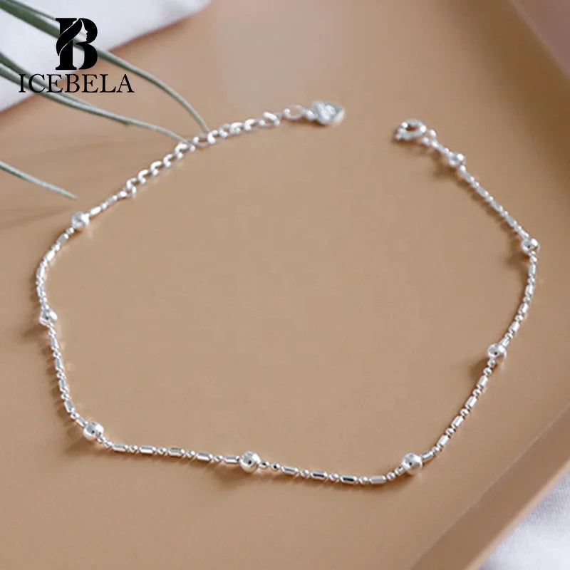 ICEBELA Fine Jewelry S925 Sterling Silver Summer Ankle Chain Female Classic Style Minimalist Round Bead Anklet for Women