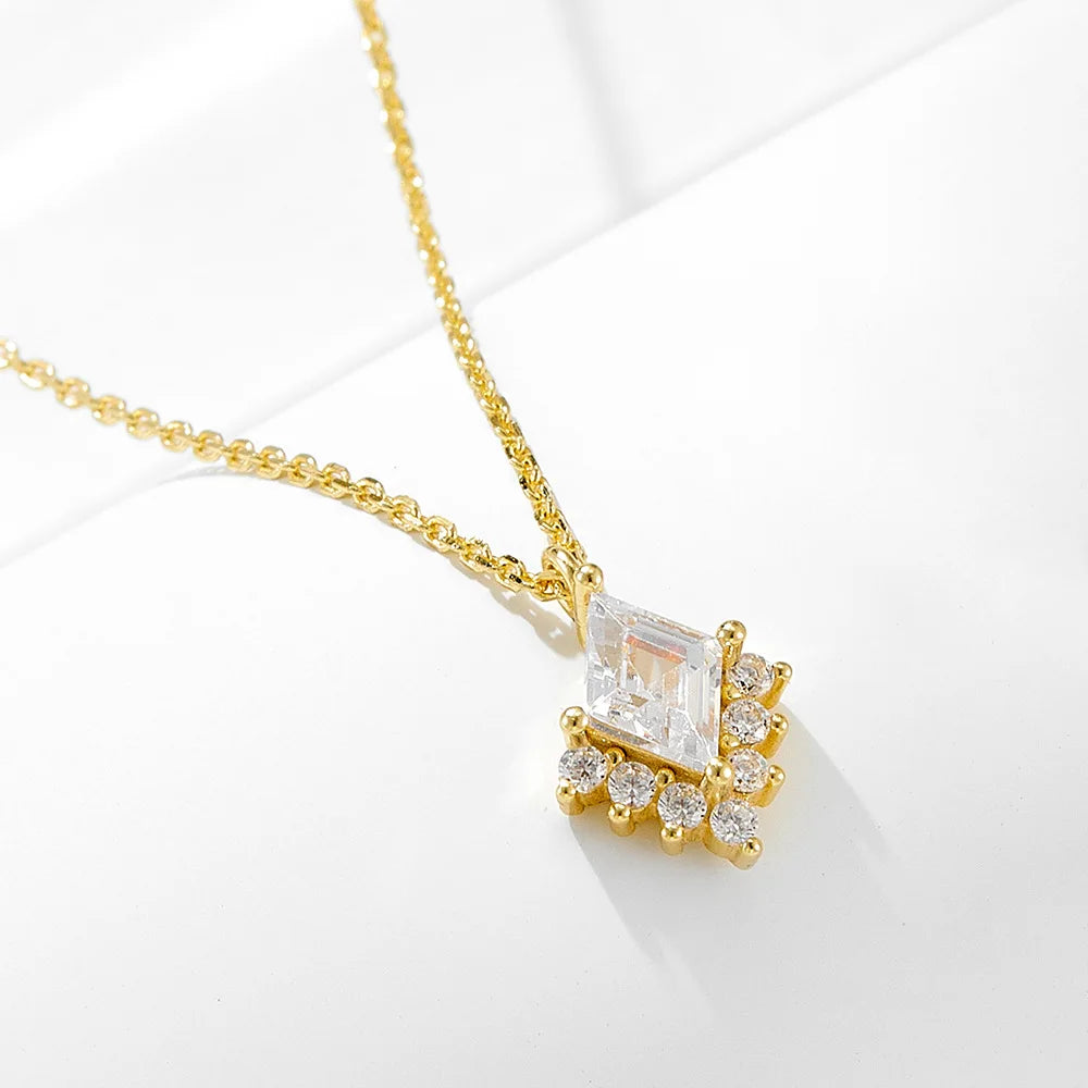 Fashion Jewelry 925 Sterling Silver Rhombus Rhomb Shape Diamond Mini Zircon Gold Plated Necklaces for Women