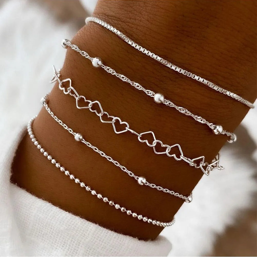 Zooying Women's 5-Piece Vintage Trendy Heart Bracelet Set Religious Alloy Silver Gold Ball Chain Bracelets Stainless Steel Go