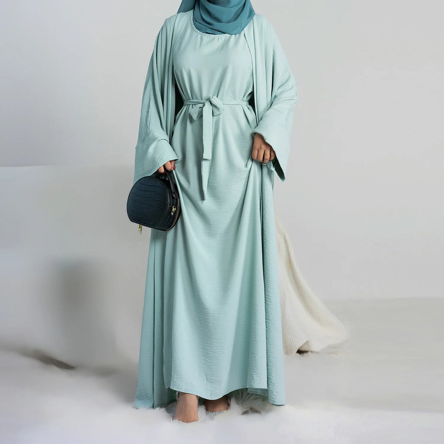 2 Piece Set Abaya Cardigan with Sleeveless Inner Dress Elegant Crinkle Textured Modest Muslim Kaftan Kimono Robe Outfit