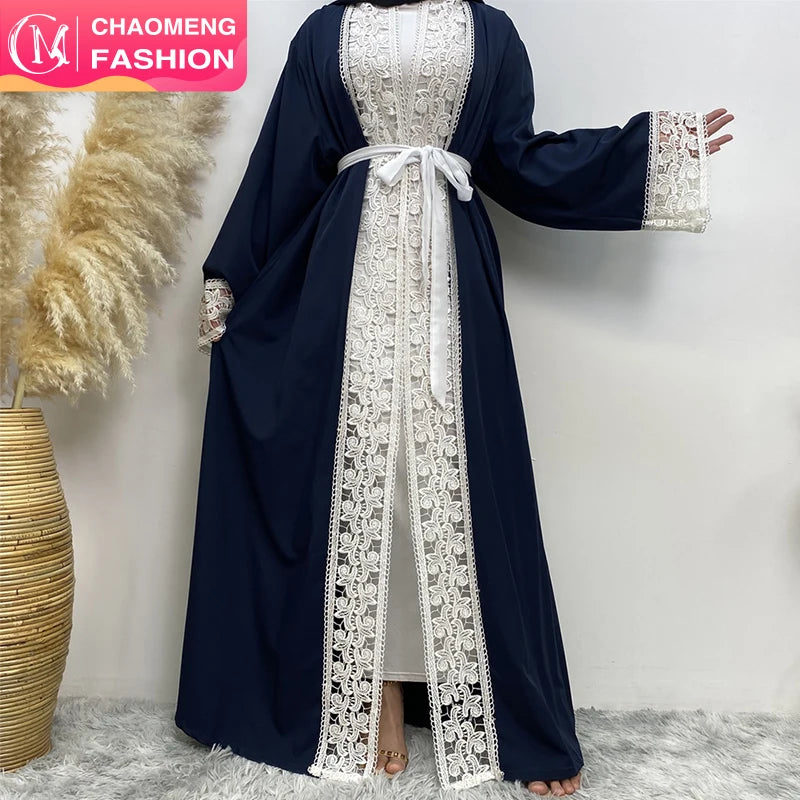 1498# Elegant Navy Front Open Abaya Pretty Floral White Lace Long Sleeve Abaya Long Robe for Muslim Women 2XL 3XL Limited