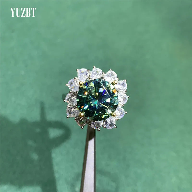 Silver 925 Original 5 Carat 11mm Round Brilliant Cut Diamond Test Past Blue Green Moissanite Snowflake Wedding Ring Fine Jewe