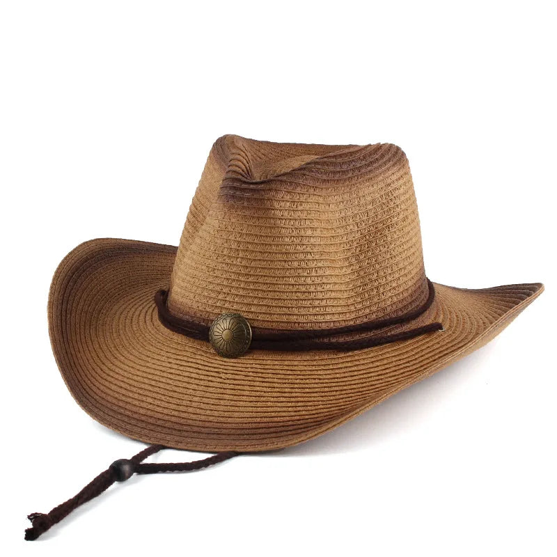 Women Vintage Straw Beach Sun Hat Packable Summer Cowboy Jazz Straw Hats with Wind Lanyard