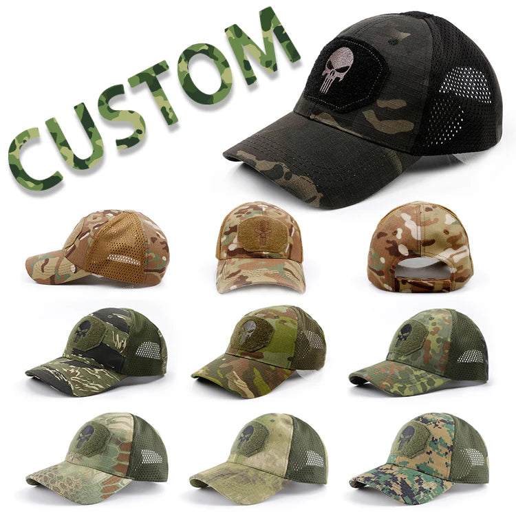 2025 Custom 3D Embroidery LOGO Summer Outdoor Camo Baseball Cap Foam Mesh Skull Patch Print Trucker Hat