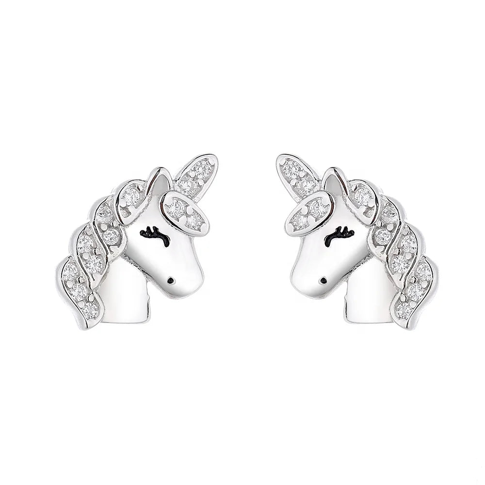 Christmas Present Fine Jewelry Animal Horse Shape Stud Earring for Children 925 Sterling Silver Girls CZ Unicorn Stud Earring