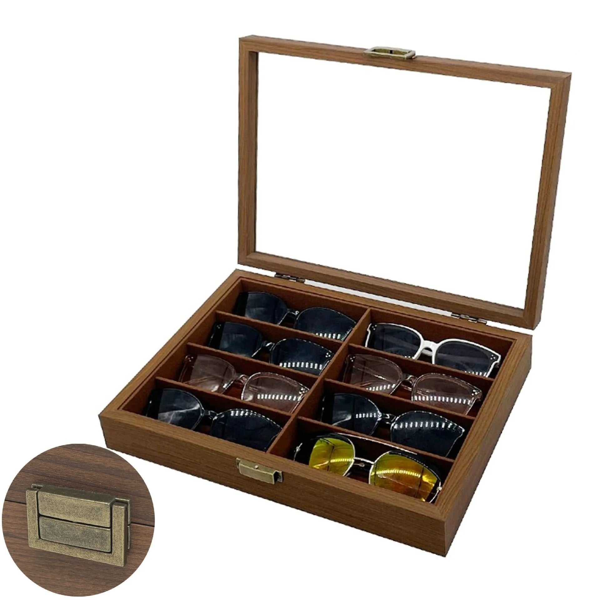 Luxury Vintage Portable Wholesale Wooden Walnut Grain 6-Slot Sunglass Eyewear Packaging & Display Case with Metal Lock