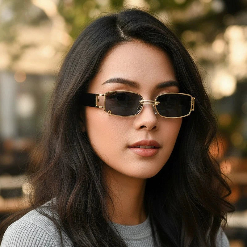 STORY KDD002 Popular Small Rectangle Shades Brand Designer Vintage Punk Sun Glasses Women Luxury Sunglasses With Gold Ring