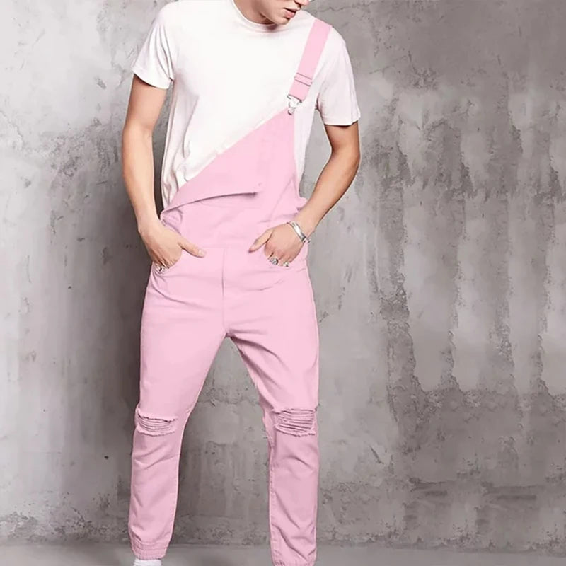 Men's Denim Bib Overalls Casual Ripped Jean Overalls With Pocket Fashion Long Pink Cargo Pants Suspender Trousers
