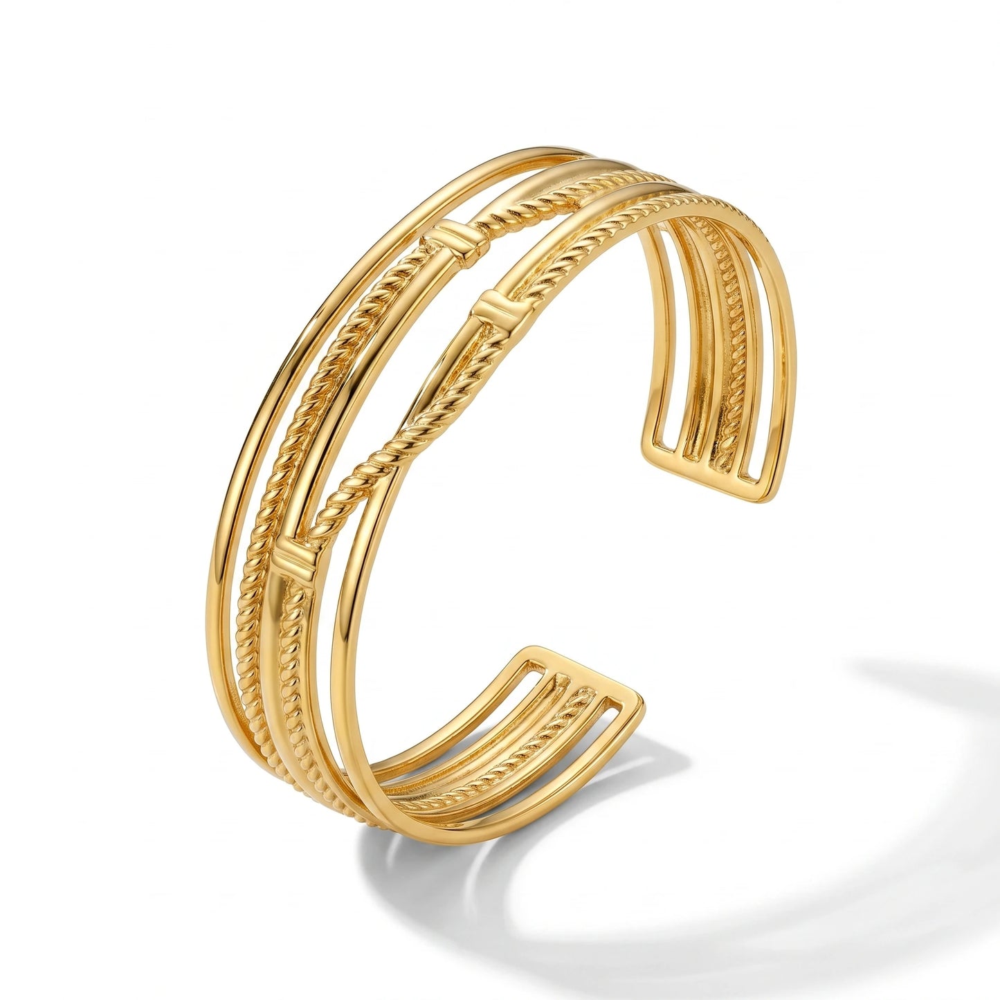 QIAOREN 12718 Wholesale Mirror Polished 3 Lines Twisted Wire Open Stainless Steel Cuff Bracelet Anti Tarnish Gold Wrist Band