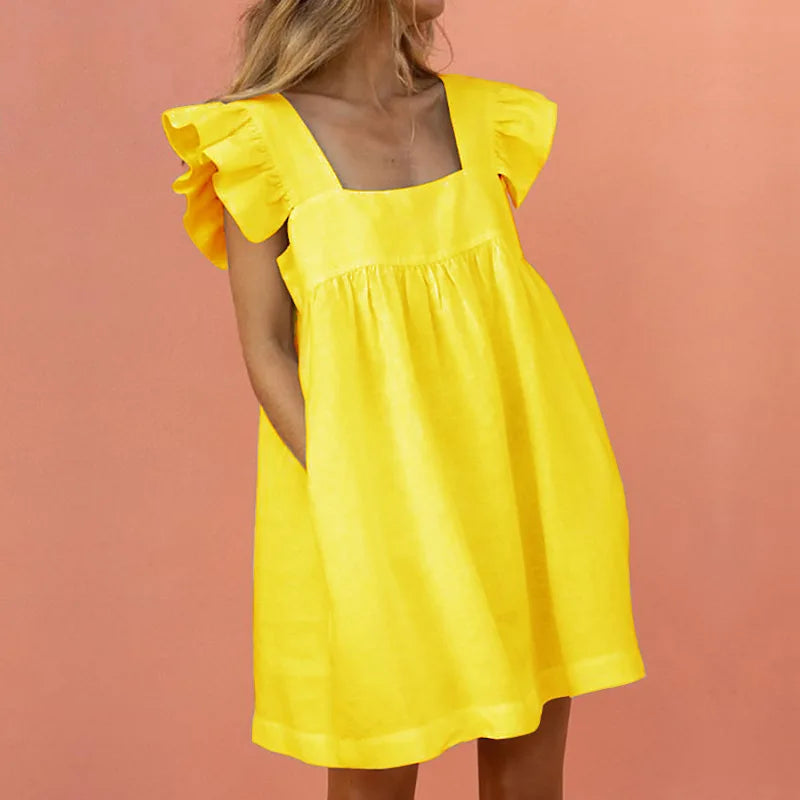 S-XXL LOOSE Style Small Dress Summer Square Neck Ruffle Edge Sleeves Contrast Panel Large Hem Loose Fitting Dress Leisure