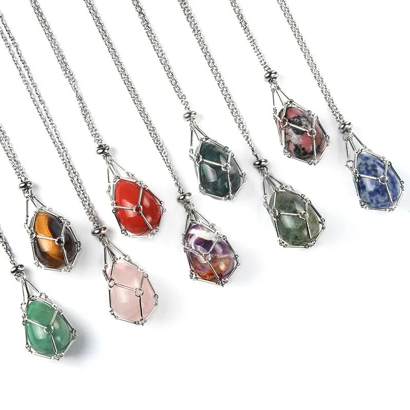 Healing Crystal Yoni Egg Quartz Tumble Stone Crystal Holder Necklace Silver Plated Stainless Steel Net Bag Chain Necklace