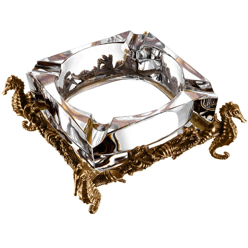 CIGARLOONG Luxury Brass Cigar Ashtray Crystal Ash Tray Personalised Large Glass Cigar Ashtray Big Ashtrays for Cigarettes
